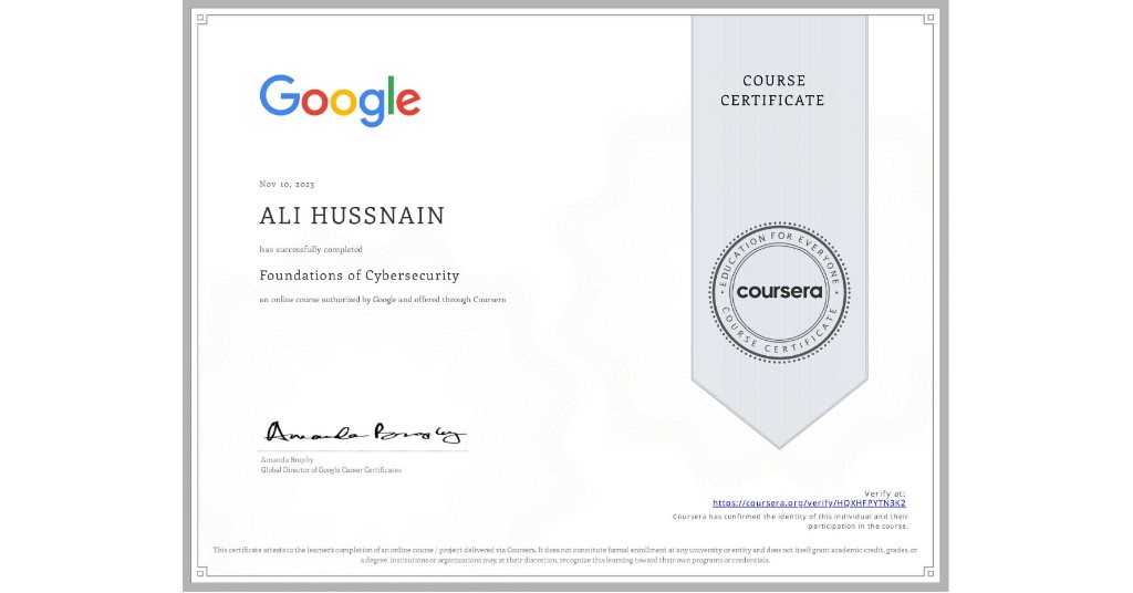 Google Foundations of Cybersecurity certificate