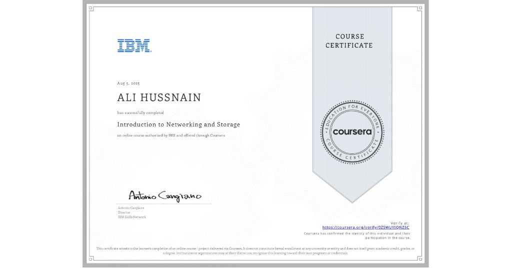IBM Introduction to Networking and Storage certificate