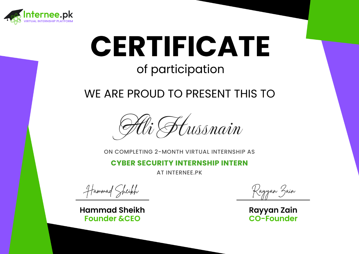Internee.pk internship certificate for Ali Hussnain