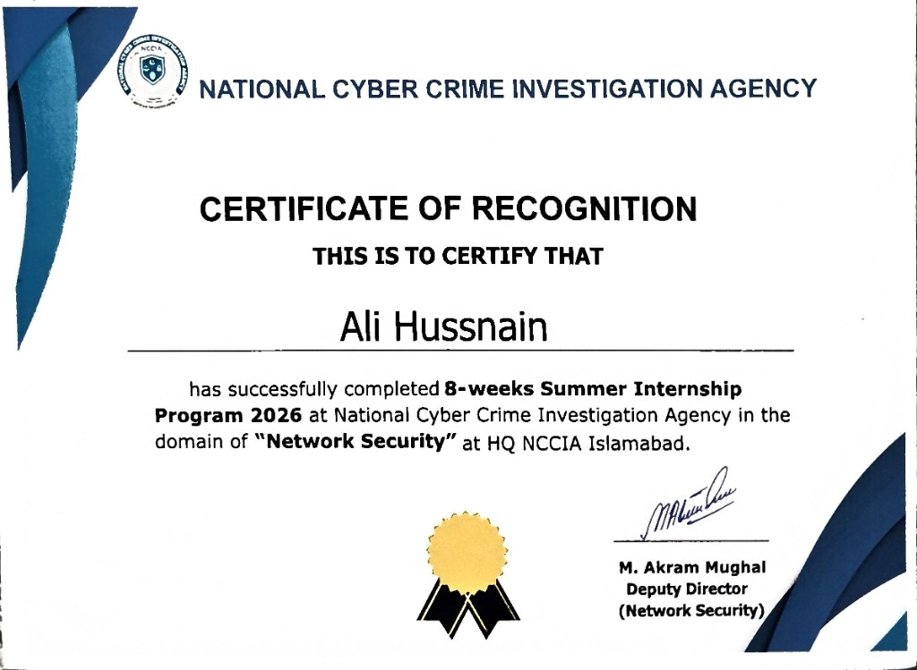 NCCIA Certificate of Recognition for Ali Hussnain