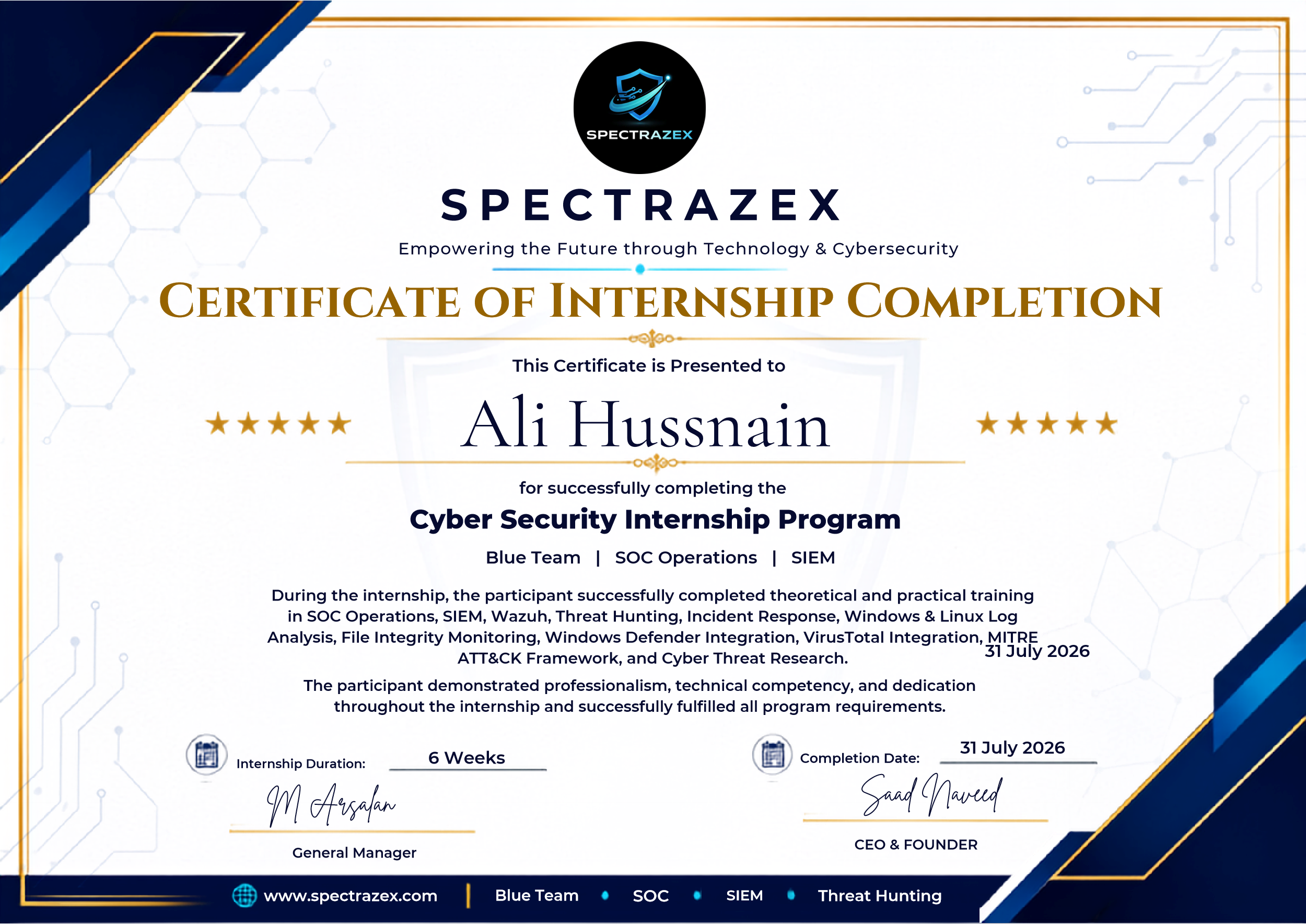 Spectrazex internship certificate for Ali Hussnain